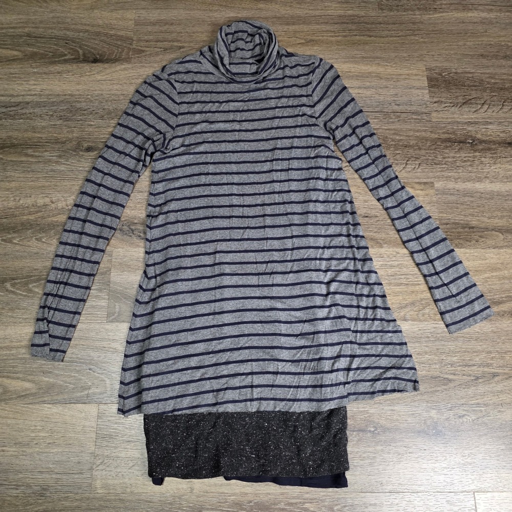 Bailey44 Womens Small Tunic‎ Top Gray Navy Striped Layered Turtleneck 602
